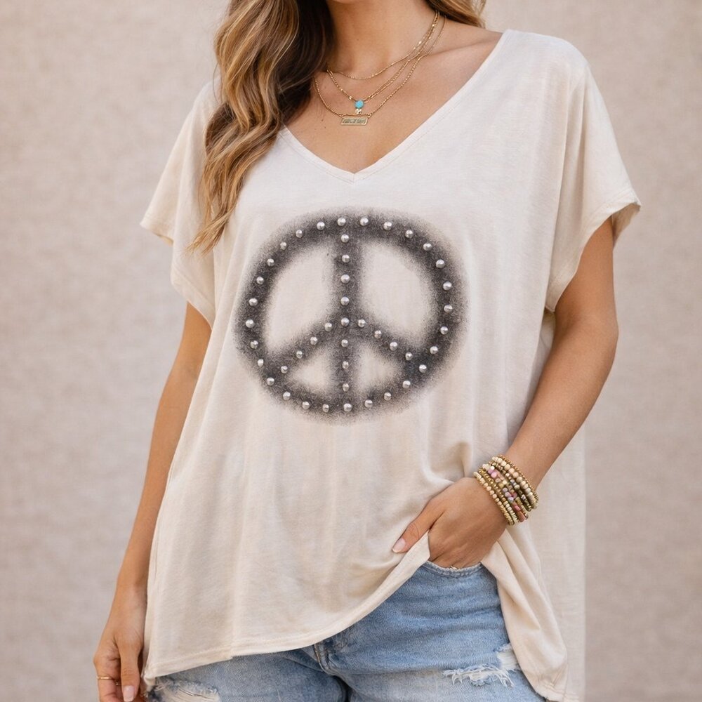 POL Peace Sign Studded Graphic Top Boho Oversized Beige Tee M